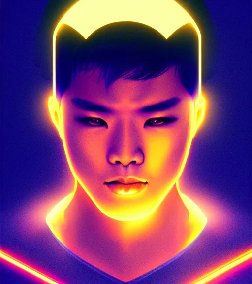 Image similar to symmetry!! asian prince of technology, solid cube of light, hard edges, product render retro - futuristic poster scifi, lasers and neon circuits, handsome asian prince, intricate, elegant, highly detailed, digital painting, artstation, concept art, smooth, sharp focus, illustration, dreamlike, art by artgerm