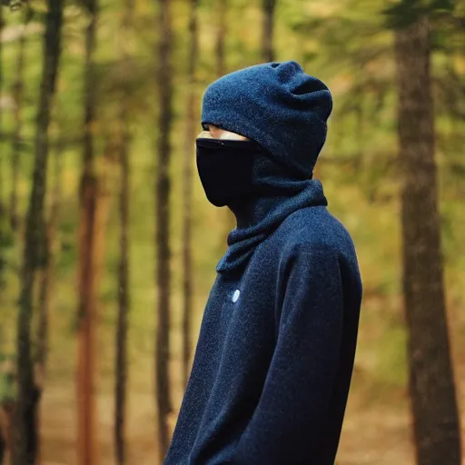 Image similar to realistic! photoshoot for a new the north face lookbook, color film photography, portrait of a beautiful woman wearing a balaclava mask, photo in style of tyler mitchell, 35mm lens