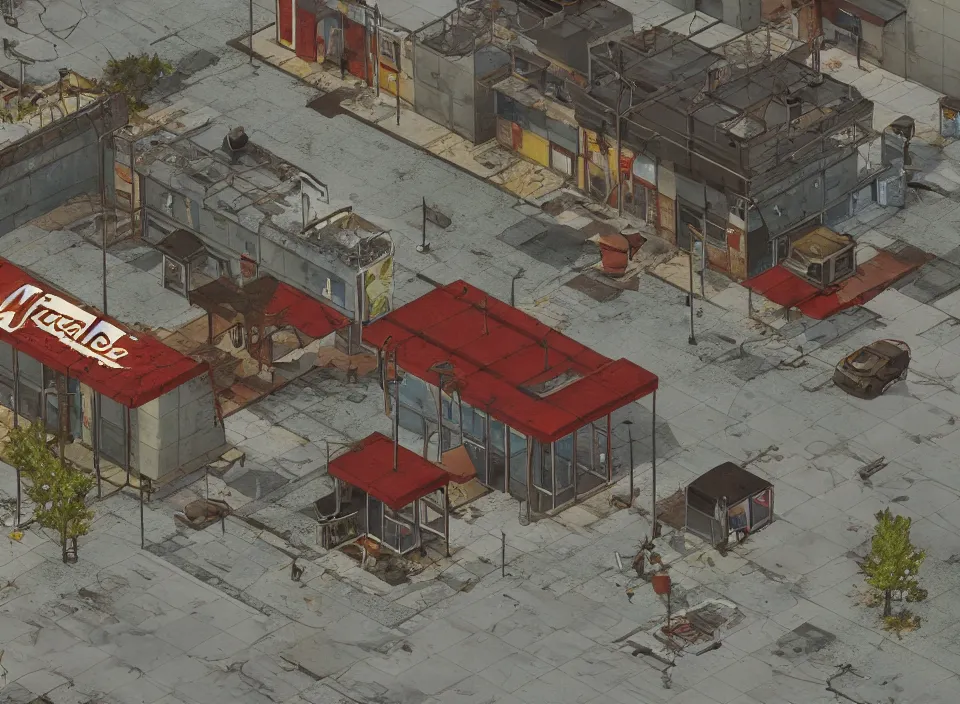 Prompt: Screenshot of the outside of an abandoned rusty McDonald restaurant in Fallout 2 (1998), isometric perspective, postapocalyptic, bird's eye view, high quality