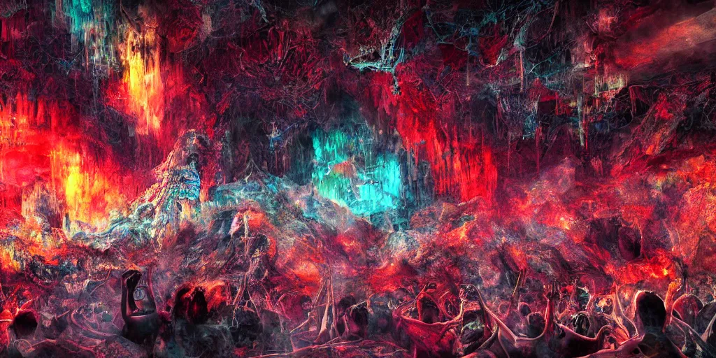 Image similar to death metal concert inside an active volcano, intricate complexity, horror, rainbow drip paint, psychedelic glitch art, trending on art station, photoreal, 8k, octane render