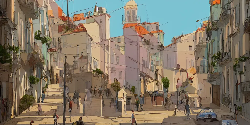 Prompt: back to the summer of the city of lisbon, concept art, pastel soft colors, in the style of danny mcbride, knyazev konstantin