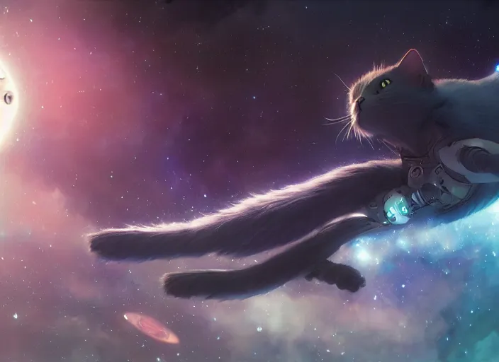 Image similar to a space cat staring role in a musical sci - fi space opera ghibli animated film, volumetric lighting, octane render by stanley artgerm lau, greg rutkowski, thomas kindkade, alphonse mucha, loish, norman rockwel,