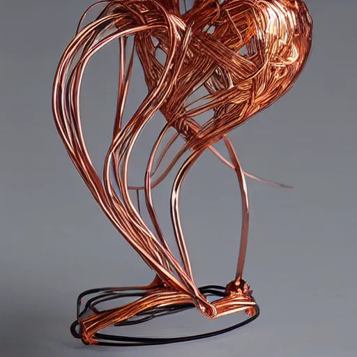 Image similar to a very beautiful tiny ( ( ( ( human heart ) ) ) )!!!!!!!!!!!!!!!!!!!!!!!!! organic sculpture made of copper wire and threaded pipes, very intricate, curved. studio lighting, high resolution, high quality, black background