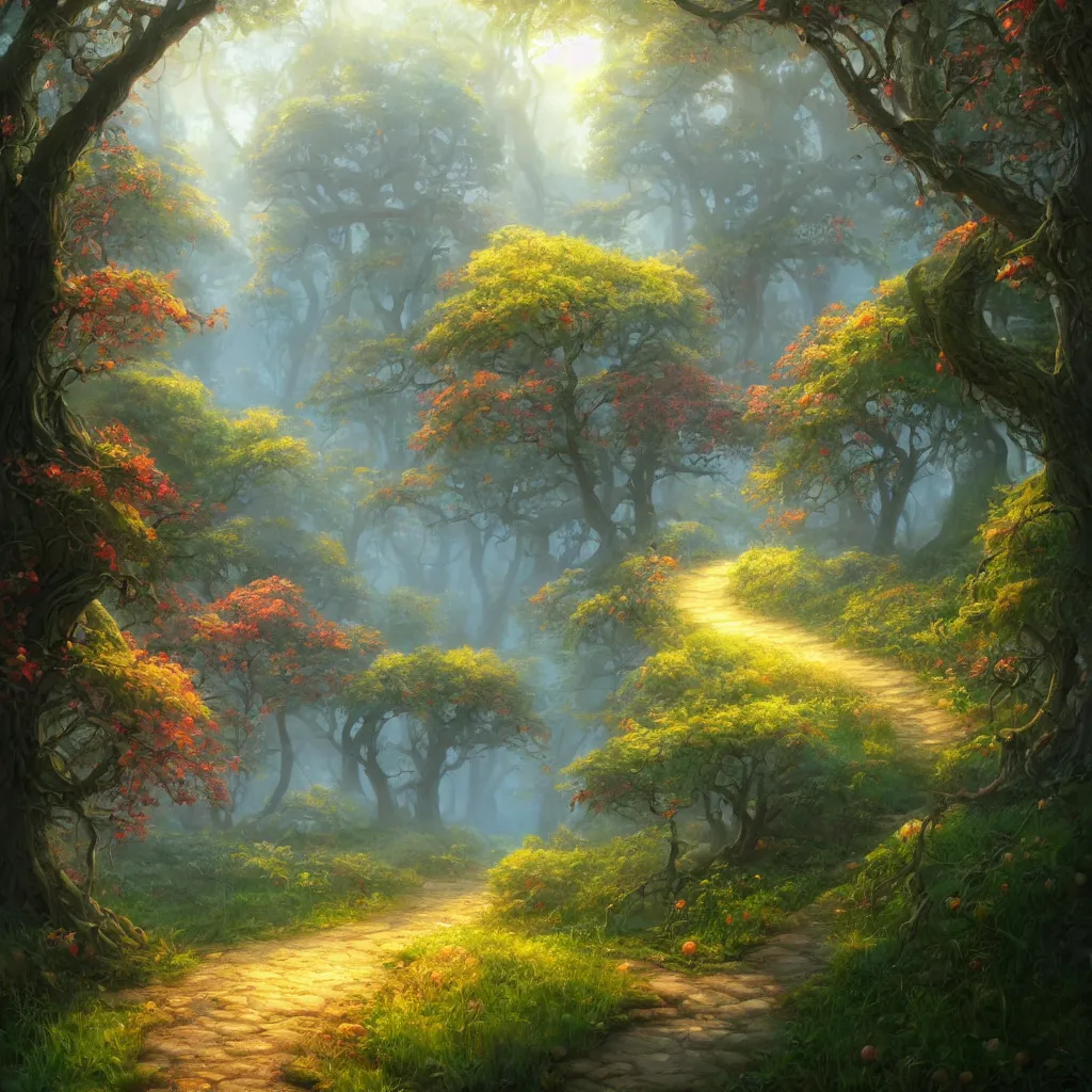 Prompt: a painting of a path leading to a mystical forest full of wonders, apple trees, magical fairy atmosphere, trending on artstation, 50mm, by Tyler Edlin, by Noah Bradley