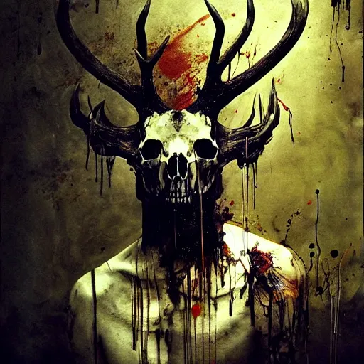 Image similar to lehsen with deer skull deer antlers by emil melmoth zdzislaw belsinki craig mullins yoji shinkawa realistic render ominous detailed photo atmospheric by jeremy mann francis bacon and agnes cecile ink drips paint smears digital glitches glitchart