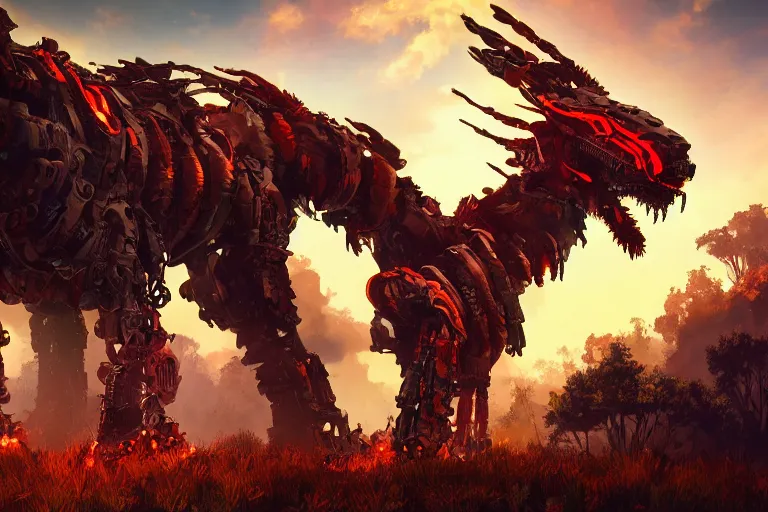 Image similar to fireclaw machine mecanical creature robot of horizon forbidden west horizon zero dawn bioluminiscence global illumination ray tracing hdr fanart arstation by ian pesty and alena aenami artworks in 4 k