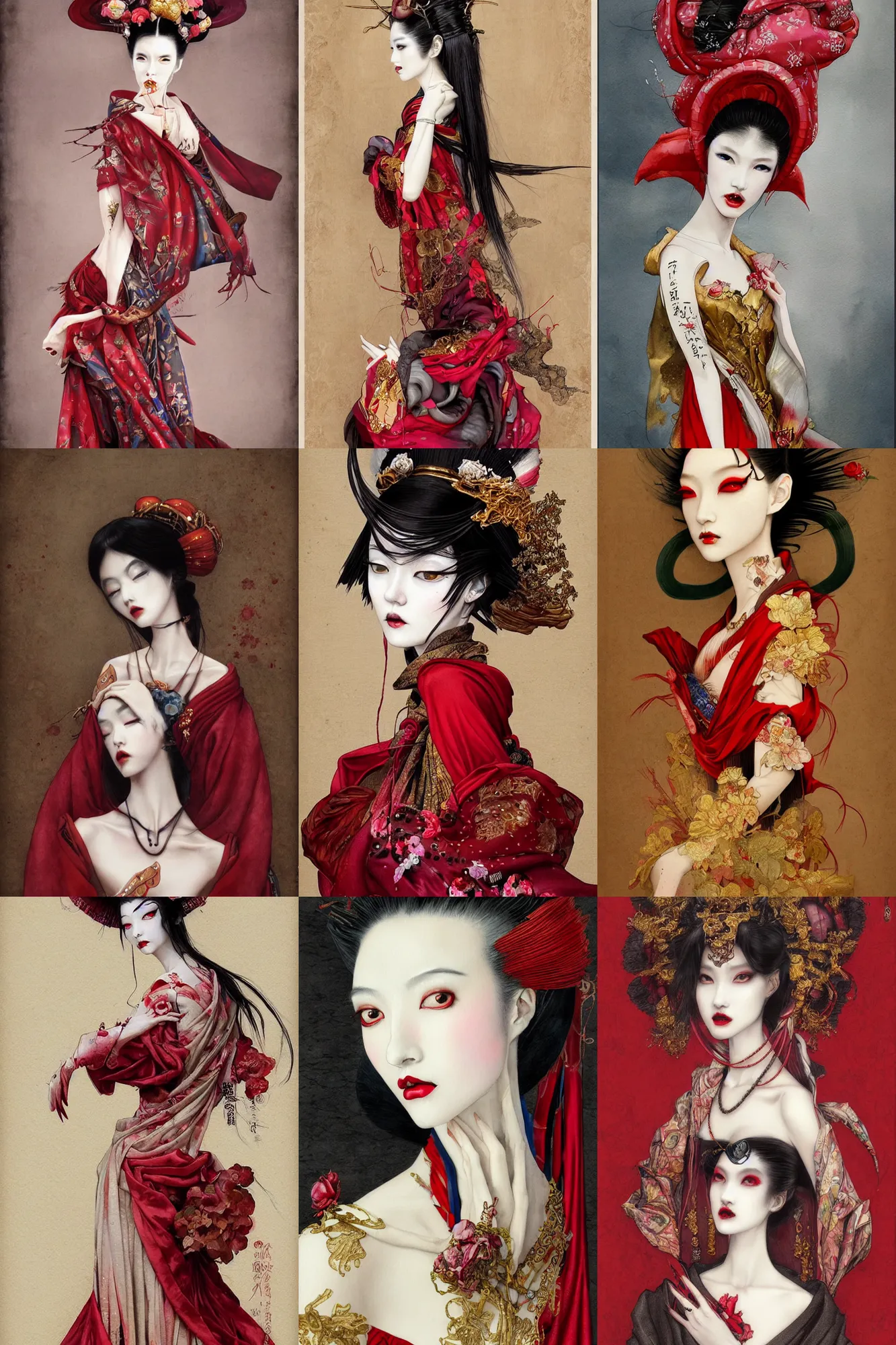 Prompt: watercolor painting avant - garde vogue fashion portrait of a japanese bjd geisha vampire queen with a long neck in a victorian silk red dress painted by yoshitaka amano, tom bagshaw, ayami kojima, intricate detail, artstation, artgerm, in the style of dark - fantasy rococo, gold leaf art