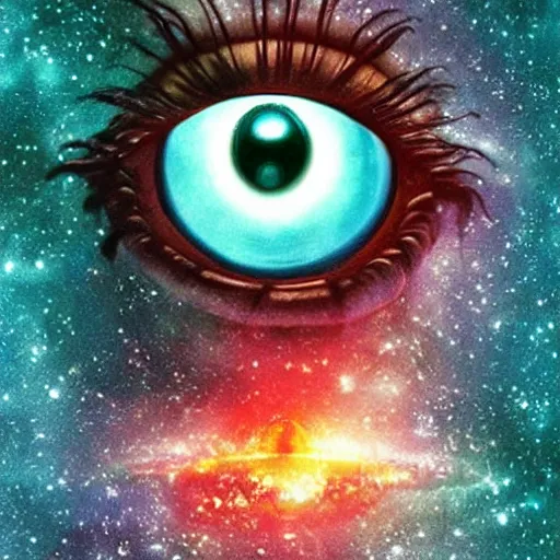 Prompt: creepy eyeball watching over the universe, movie poster, epic shot,