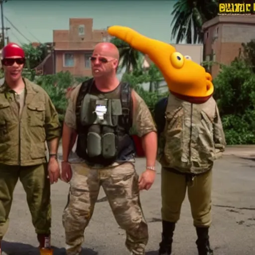 Prompt: a still of from the movie full metal jacket crossover with the game toejam & earl