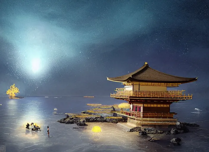 Prompt: ancient Kyoto city built upon the Sea Of Stars of Vaadhoo Island Maldives, Bioluminescent sea plankton that shines royal gold during the night makes the sea area, glowing water, intricate, elegant, luxurious, digital painting, concept art, smooth, sharp focus, from Star Trek 2021, illustration, by WLOP and Ruan Jia and Mandy Jurgens and William-Adolphe Bouguereau, Artgerm