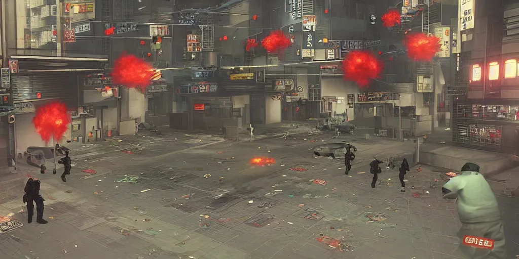 Prompt: 1993 Video Game Screenshot, Anime Neo-tokyo Cyborg bank robbers vs police, Set in Bank Vault Room, bags of money, Multiplayer set-piece, Police officers hit by bullets :5, Police Calling for back up, Bullet Holes and Blood Splatter, :2 ,Hostages, Smoke Grenades, Large Caliber Sniper Fire, Chaos, Cyberpunk, Money, Anime Bullet VFX, Machine Gun Fire, Violent Gun Action, Shootout :3 , Highly Detailed, 8k :6 by Katsuhiro Otomo + Studio Gainax : 8