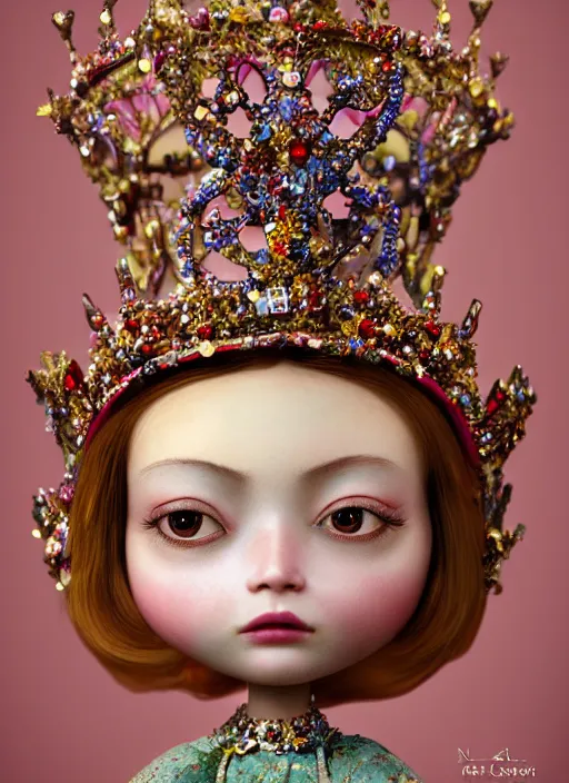 Prompt: closeup portrait of tin toy fairytale princess wearing a crown, depth of field, zeiss lens, detailed, symmetrical, centered, fashion photoshoot, by ray caesar, nicoletta ceccoli, mark ryden, lostfish, breathtaking, 8 k resolution, extremely detailed, beautiful, establishing shot, artistic, hyperrealistic, octane render