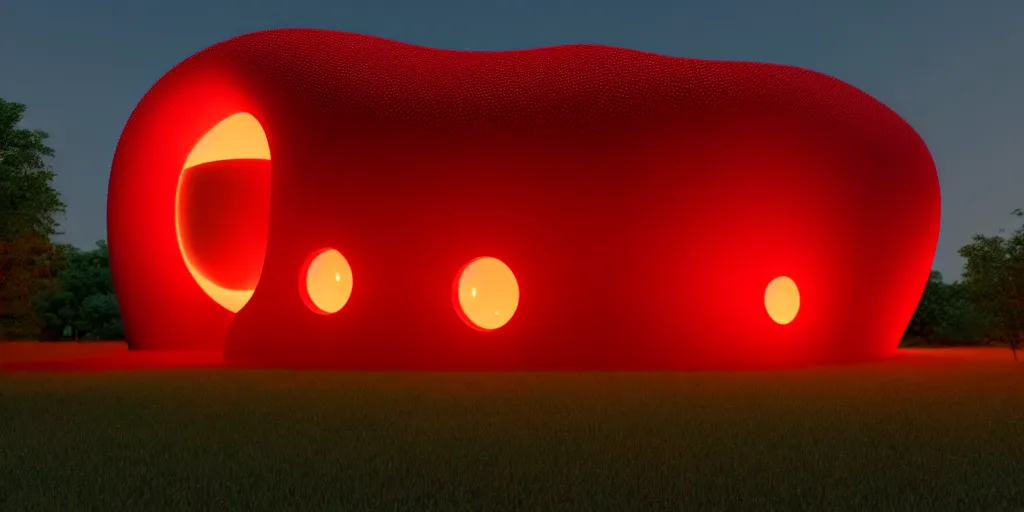 Prompt: A beautiful architectural rendering of a blob shaped trypophobia house with a mysterious red glow emitting from inside, stunning, gorgeous, golden ratio, photorealistic, featured on artstation, 4k resolution