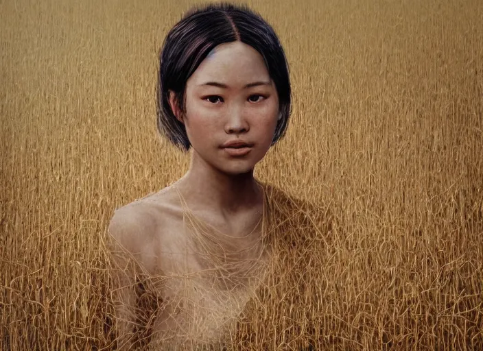 Image similar to realistic portrait photorealistic, background in the rice fields. woman in clothes made of rice straw. fine art, trending on artstation, smooth draw, sharp focus, good lighting, no anomalies.