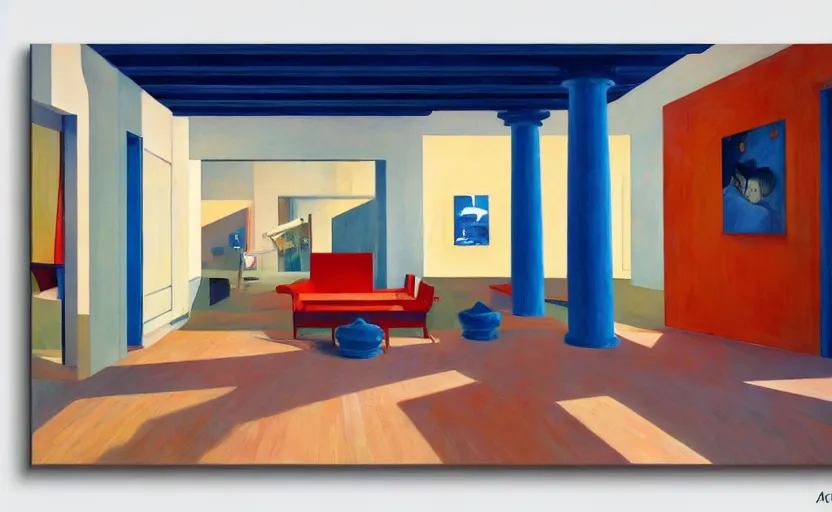 Image similar to Interior shot of contemporary museum with abstarct arts hanging on the wall, very coherent, painted by Edward Hopper, painted by James Gilleard, airbrush, art by JamesJean