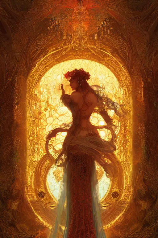 Prompt: tarot card artstation, portrait of a ghostly love dancer, sunrise, baroque ornament and rococo ornament, ancient chinese ornate, hyperdetailed, beautiful lighting, craig mullins, mucha, klimt, yoshitaka amano, red and gold and orange color palette