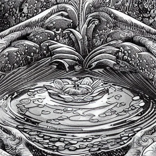 Image similar to big waves in a small lily pond, intricate, elegant, highly detailed, smooth, sharp focus, detailed face, high contrast, dramatic lighting, graphic novel, art by Ardian Syaf and Michael Choi