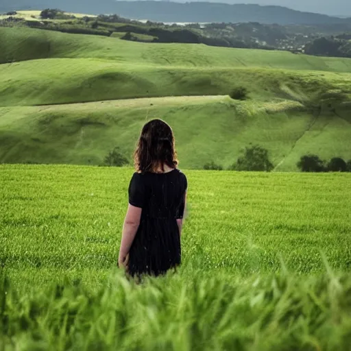 Prompt: woman on hill overlooking field, drenched in shadow, green fields, in profile