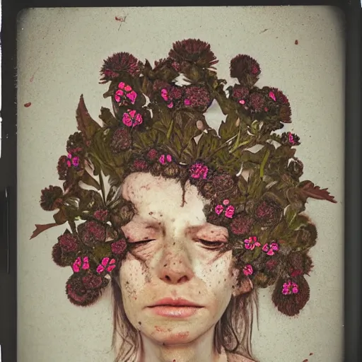 Image similar to a beautiful detailed front view portrait of a rotten woman corpse with fractal plants and fractal flowers growing around, volumetric light, beautiful lit, polaroid photography