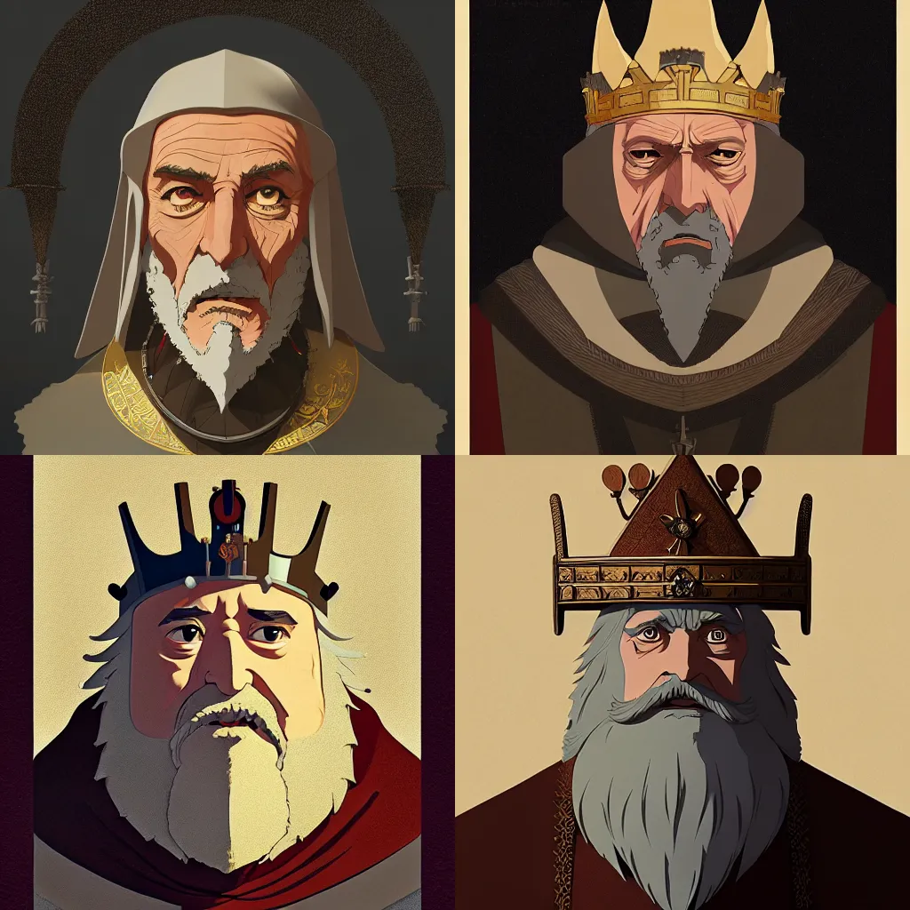 Prompt: portrait of a medieval old king, elegant, highly detailed, artstation, concept art, smooth, sharp focus, illustration, art by studio ghibli and fujita goro and tom whalen, 8 k