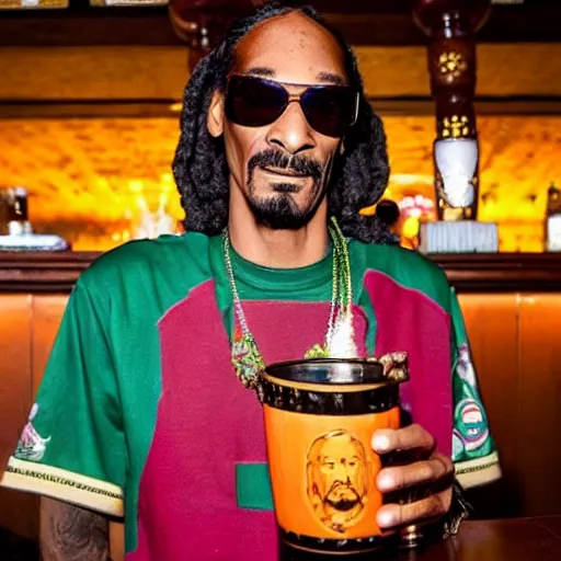 Image similar to snoop dogg at trader vic's bar holding a tiki mug with his face on it