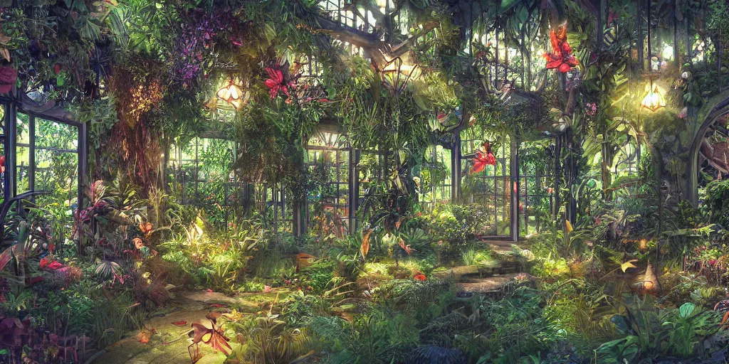 Prompt: secret garden, tropical greenhouse, glass cover, birds and butterflies, fairy tale, evening lights, highly detailed, low angle view, artstation, mysterious, comfort, in the style of aetherpunk