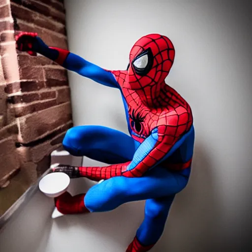 Image similar to man dressed as spiderman taking medicine for headache