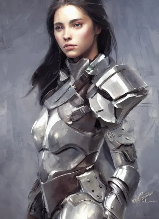 Image similar to a professional painting of a beautiful young female, clothed in military armor, olive skin, long dark hair, beautiful bone structure, symmetrical facial features, intricate, elegant, digital painting, concept art, smooth, sharp focus, illustration, from Metal Gear, by Ruan Jia and Mandy Jurgens and Artgerm and William-Adolphe Bouguerea