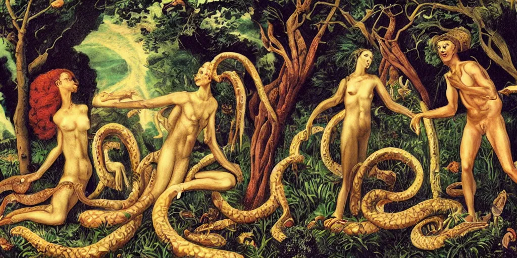Prompt: kenophobia horror vacui depicting adam and eve, in the garden of eden, eating a giant psychedelic mushroom, snakes and angels are in the background,