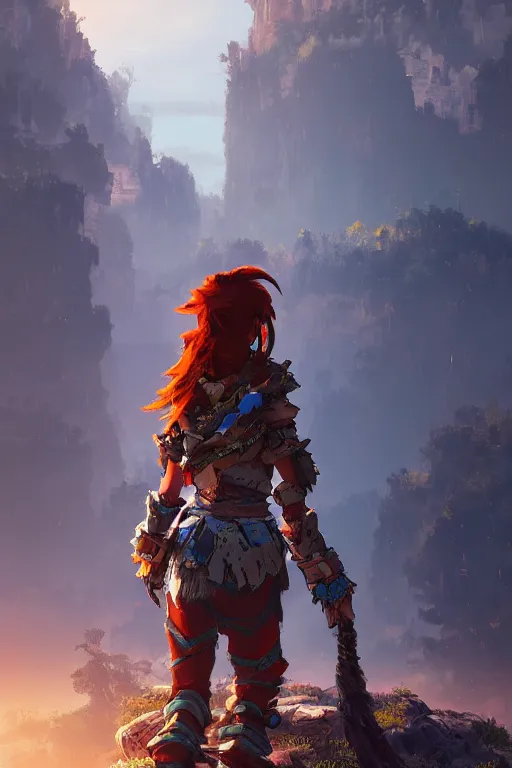 Image similar to combination suit armor aloy horizon forbidden west horizon zero dawn radiating a glowing aura global illumination ray tracing hdr fanart arstation by ian pesty and alena aenami artworks in 4 k tribal robot ninja mask helmet backpack