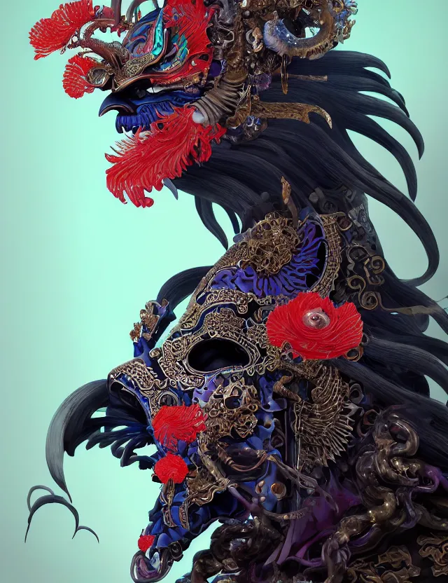 Image similar to 3 d goddess of hell close - up profile portrait with ram skull. beautiful intricately detailed japanese crow kitsune mask and clasical japanese kimono. betta fish, jellyfish phoenix, bio luminescent, plasma, ice, water, wind, creature, artwork by tooth wu and wlop and beeple and greg rutkowski