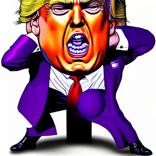 Image similar to donald trump's head as modok, the mental organism designed only for killing, little man in hovering throne, full body, psychic alien with huge head, marvel supervillain character