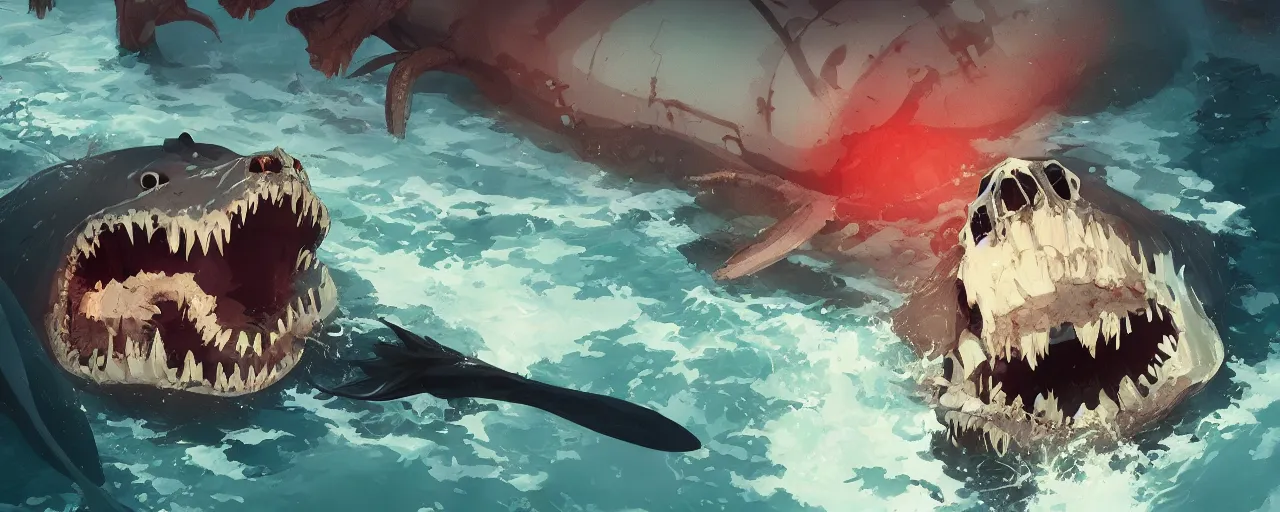 Prompt: piranhas devouring a bloody seal skeleton, blood in the water, atey ghailan, goro fujita, studio ghibli, rim light, terrifying, dark lighting, clear focus, very coherent