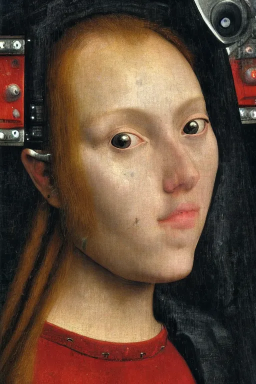 Image similar to a close - up portrait of a cyberpunk cyborg girl, by jan van eyck, rule of thirds