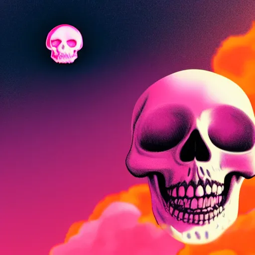 Image similar to white skull hovering over a pink ocean witha a purple sky, synthwave vaporwave