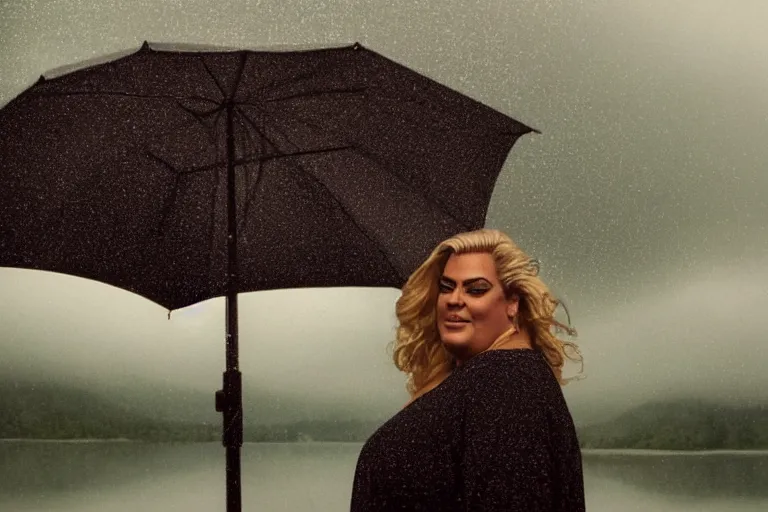 Image similar to a cinematic painting of gemma collins stood near a lake on a rainy day, beautiful lighting, high depth, ultra realistic, artistic, by annie leibovitz