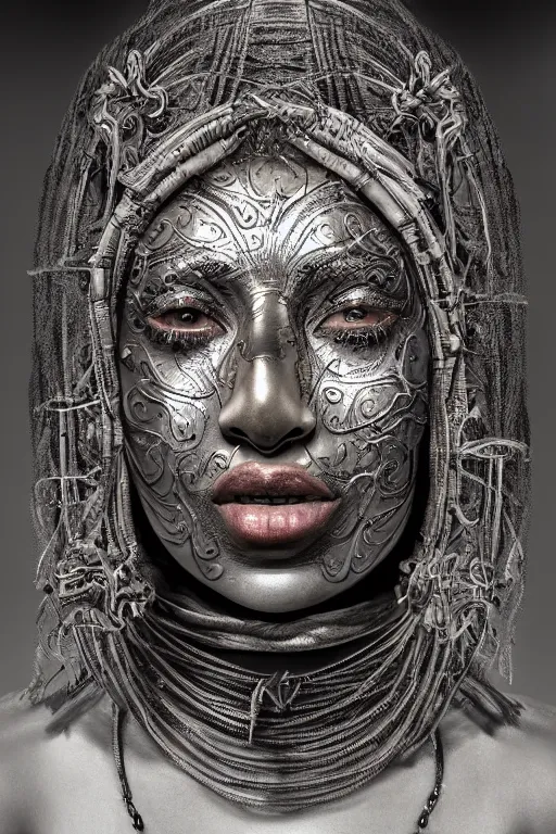 Image similar to portrait, headshot, digital painting, an beautiful techno - shaman lady in carved metal mask, realistic, hyperdetailed, chiaroscuro, concept art, art by frans hals