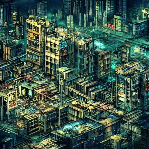 Prompt: “kowloon walled city in cyberpunk anime style”