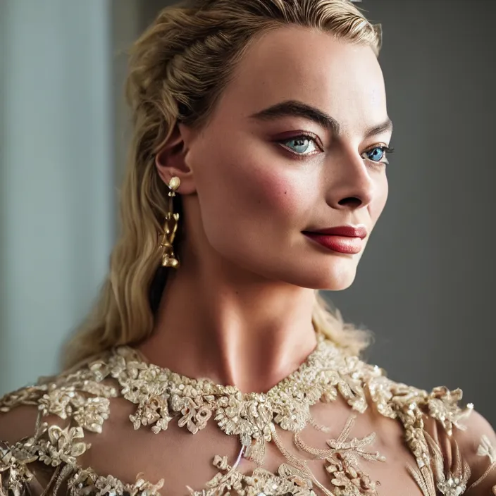 Image similar to portrait of Margot Robbie with larger bust wearing Kebaya, natural light, detailed face, CANON Eos C300, ƒ1.8, 35mm, 8K, medium-format print