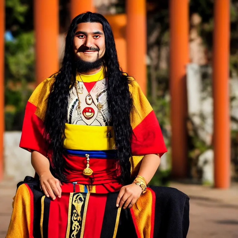 Prompt: A photo of Emperor Kuzco!!!!!!!!!!!!!!!! in his 16s, peruvian looking, with his not so long black hair, beardless, smiling with confidence, and wearing!!! his emperor clothes. Portrait by Terry Richardson. Golden hour. 8K. UHD. Bokeh.