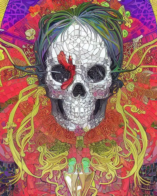 Image similar to anime manga skull art surrounded by varities of superhot chili peppers, cell shading, voronoi, fibonacci sequence, sacred geometry by Alphonse Mucha, Moebius, hiroshi yoshida, Art Nouveau, colorful, ultradetailed, vivid colour, 3d