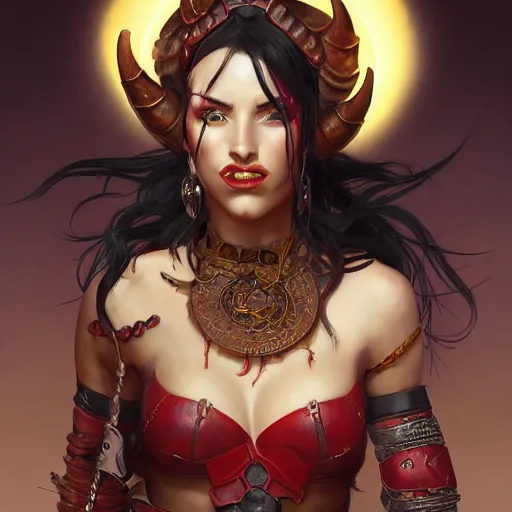 Image similar to portrait of a female berber tiefling with red skin, devil horns and black hair wearing a steel chestplate in a desert, fantasy, highly detailed, digital painting, artstation, concept art, character art, art greg rutkowski and alphonse mucha