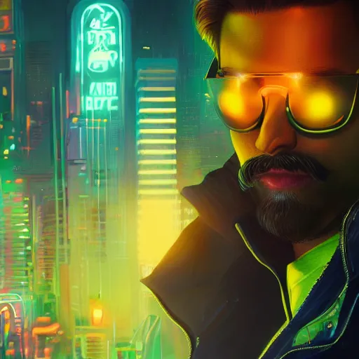 Image similar to a beautiful commission portrait of a male mustache canary wearing a neon jacket, futuristic, detailed face, cyberpunk city, deviantart, artstation, art by greg rutkowski, ross tran, professional lighting, neon city, night, raytracing, highly realistic,4k,dramatic,hyperrealism