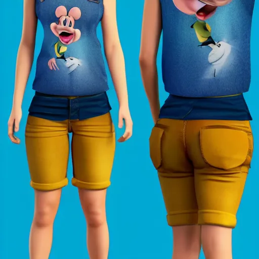 Image similar to 3 d render, portrait, upper body shot, mid shot, anthropomorphic mouse, female, wearing denim short shorts and a off yellow tank top shirt, in the style of disney's robin hood