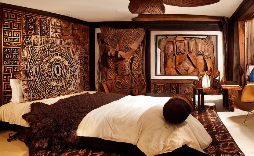 Image similar to an african themed luxurious bedroom, dark brown walls, wooden tribal masks on the wall, king size bed, beige, dark colors, artificial waterfall on the wall, chique, luxurious, elegant, walnut wood, cinnamon, tribal art, patterns, modernist, oriental