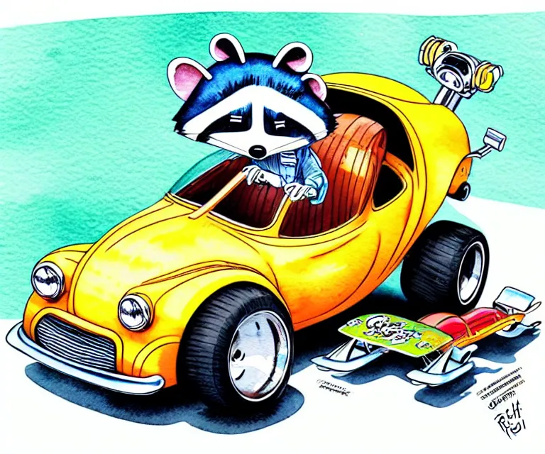 Image similar to cute and funny, racoon riding in a tiny hot rod coupe with oversized engine, ratfink style by ed roth, centered award winning watercolor pen illustration, isometric illustration by chihiro iwasaki, edited by range murata