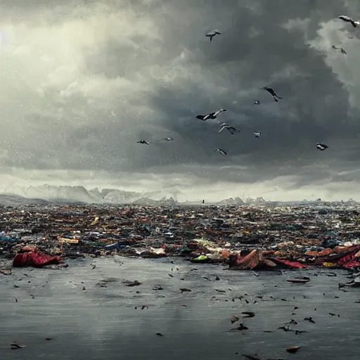 Image similar to on water, enormous huge mountains of tyres and garbage floating, seagulls flying in the forecasted sky, dramatic light, post apocalyptic, rainy weather, wet,highly detailed, wide shot, 8K mate painting, concept