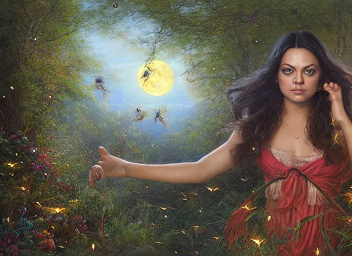 Image similar to Mila Kunis staring into the camera singing a lullaby, fireflies, full moon, Lilia Alvarado, Sophie Anderson, Mark Arian, Bob Byerley, Charlie Bowater, Mark Brooks, Steve Henderson, Justin Gerard, Arthur Hughes, Edward Robert Hughes, Mark Keathley, Victor Nizovtsev, Carlos Shwabe, Ross Tran, WLOP