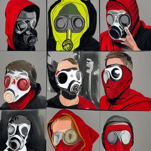 Image similar to detailed details concept art saints gang photo group, theyre using gas mask, other using saints mask, with red cross mark, theyre wear yellow and red hoodie, theyre leader regularly uses red in the style of bob peak and alex ross, gouache and wash paints color, detailed details facial and body and human and environments and proportionate, detailed 5 k details.