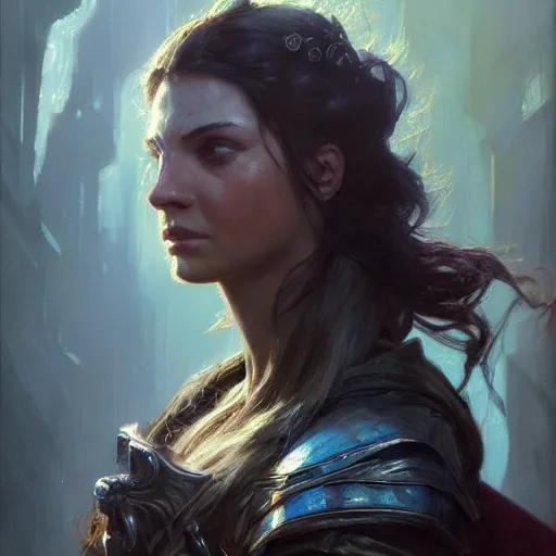 Image similar to closeup portrait of a dungeons and dragons character, dramatic lighting, castle background, gorgeous view, realistic, high detail, depth of field, atmospheric, digital art, painted by greg rutkowski, painted by jeremy mann, painted by alphonse mucha, trending on artstation